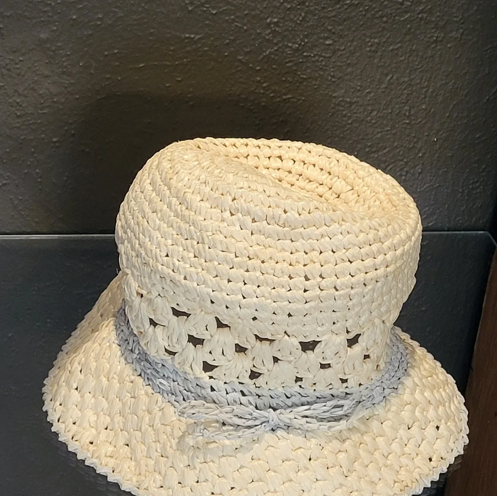 1960s Handwoven In Italy White Raffia Bucket/Sun Hat Blue Trim One Size